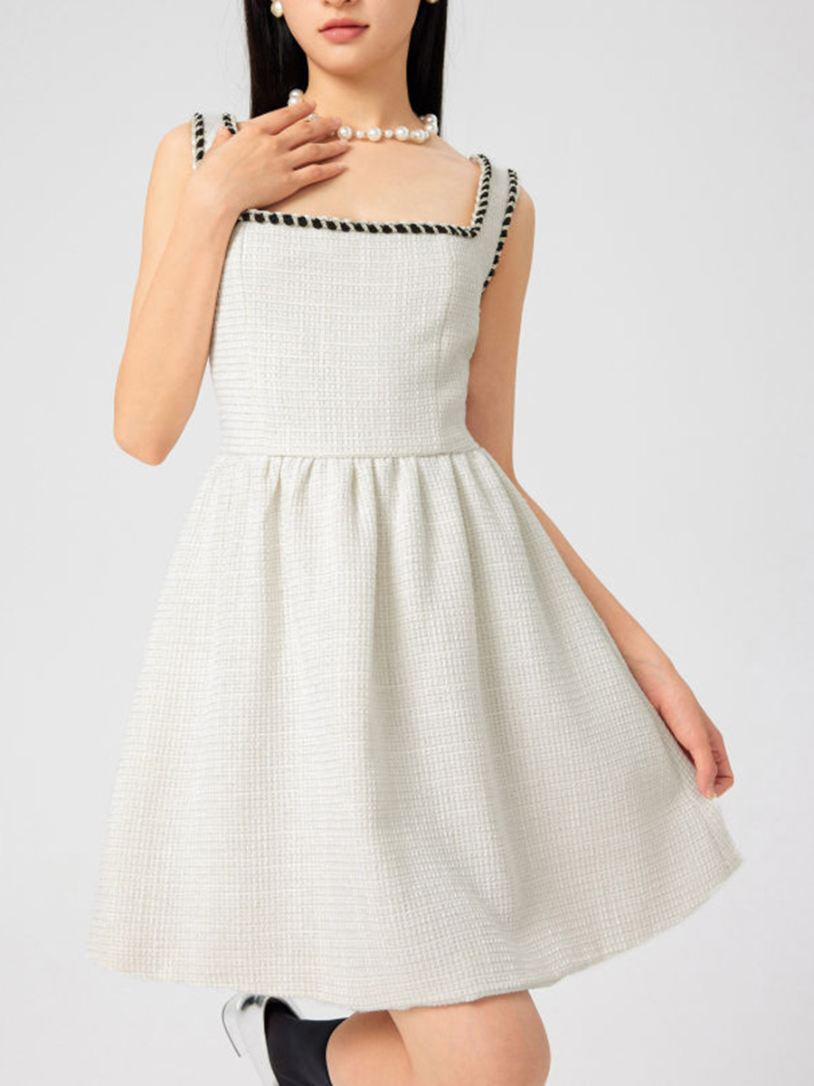 Tweed U-Neckline Solid Mini Dress