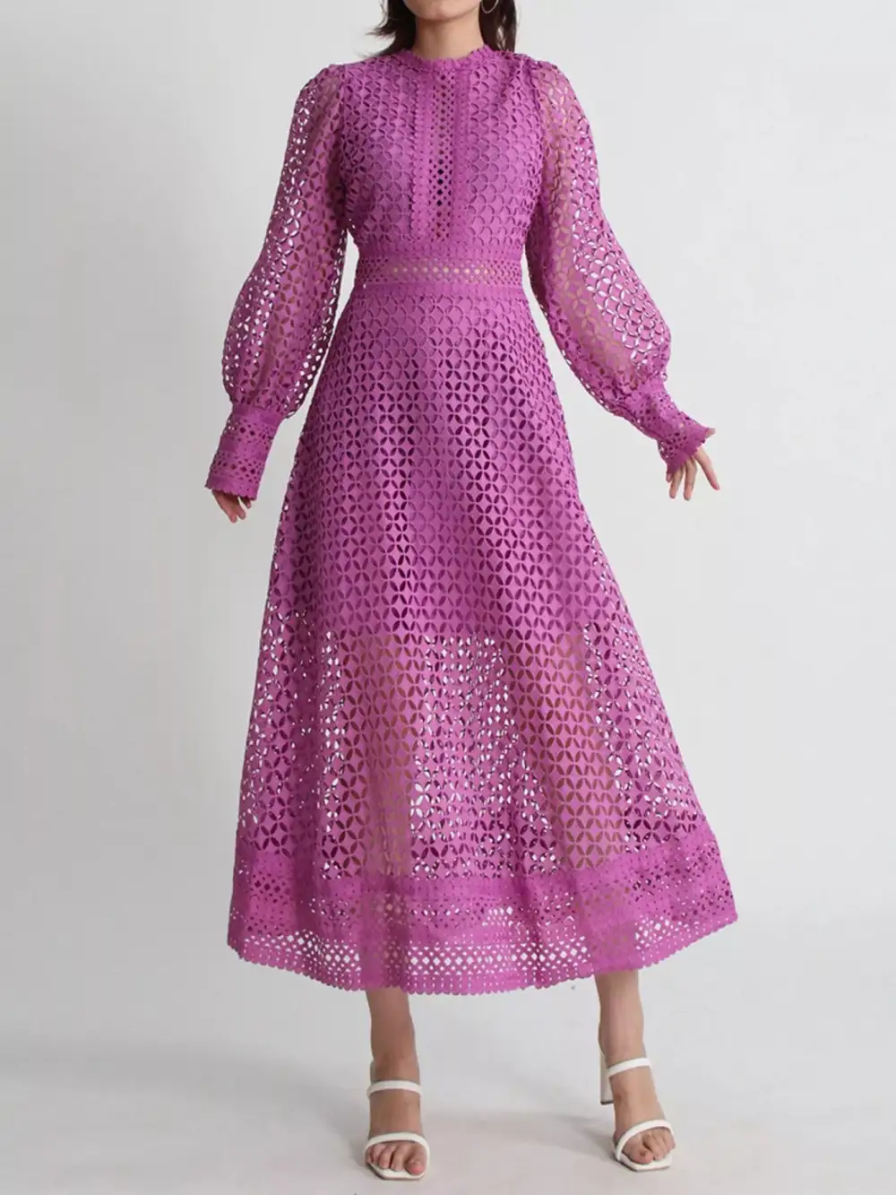 Balanced Detail Lace Long Sleeve Midi Dress