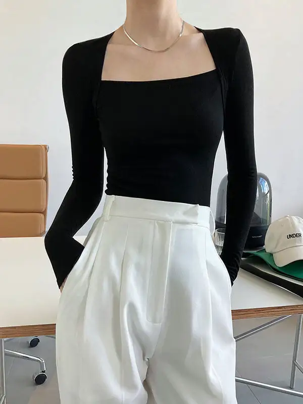 Square Neck Long Sleeve Slim T-Shirt