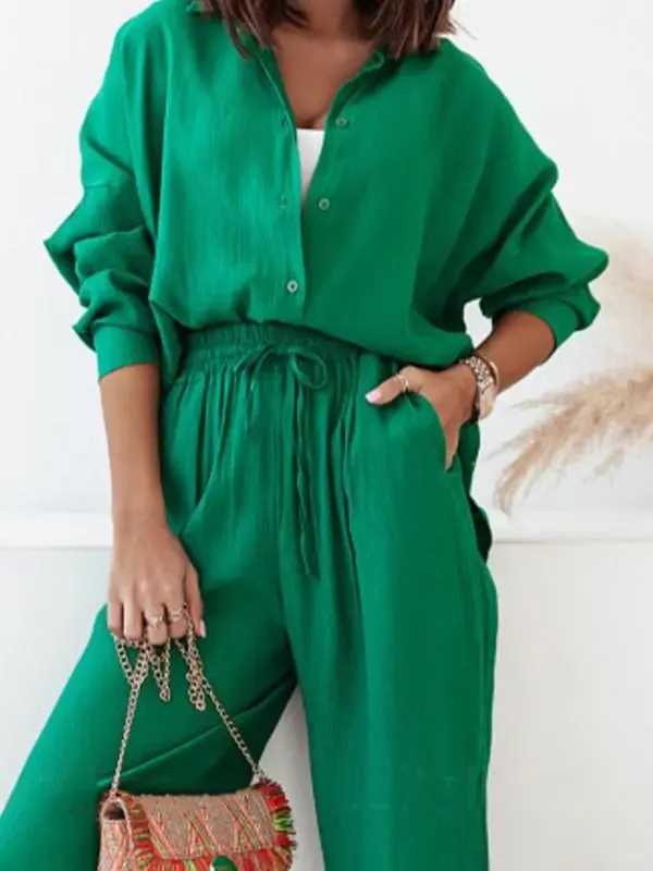 Loose Elastic Wrinkled Long-sleeved Shirt Wide-leg Pants Suit for Women