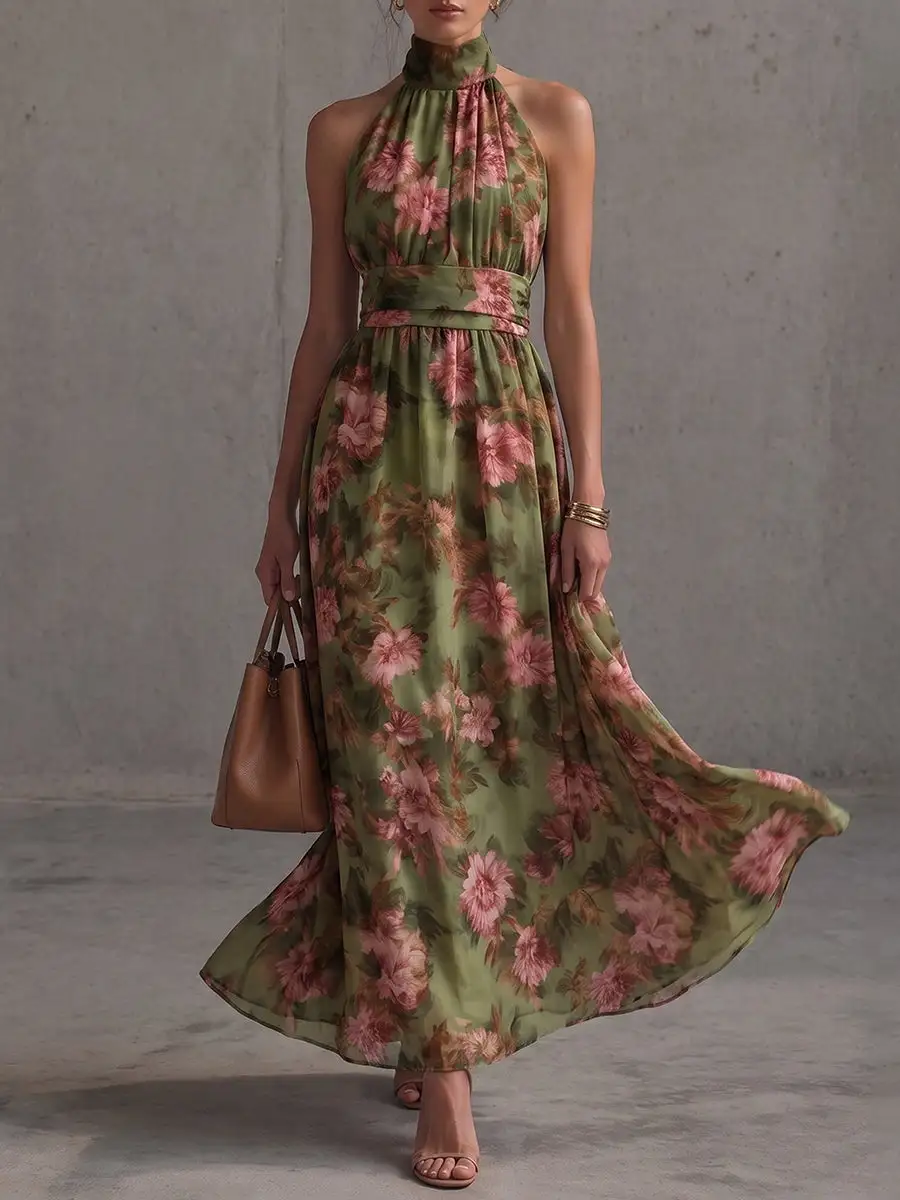 Waisted Pleated Buttoned Sleeveless Neck Maxi Dress