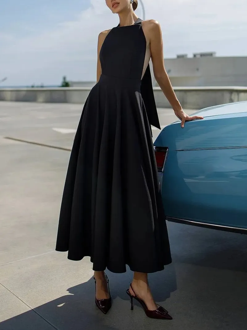 Elegant Halter Neck Flared Midi Dress