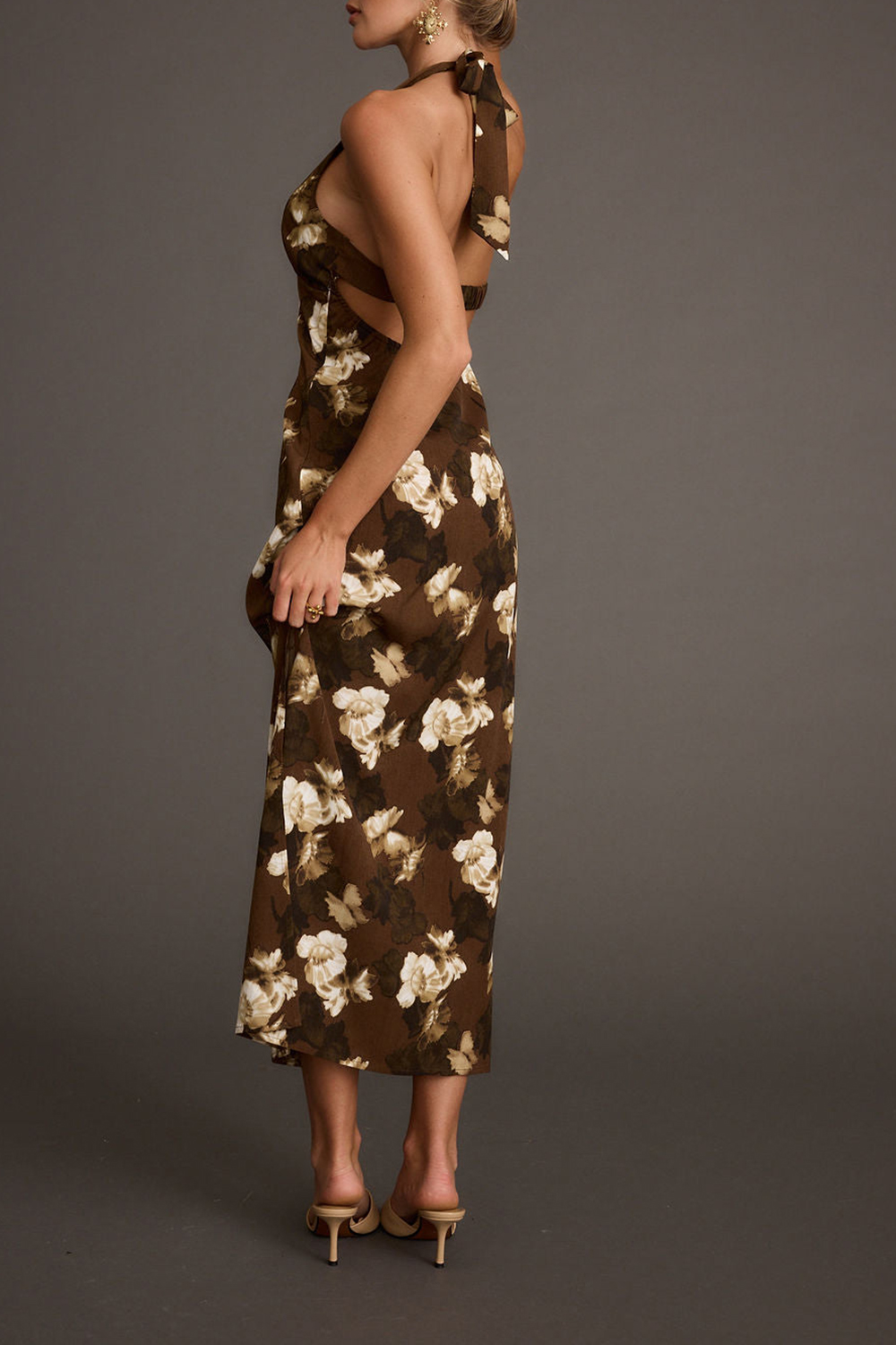 Brown Floral Halter Maxi Dress
