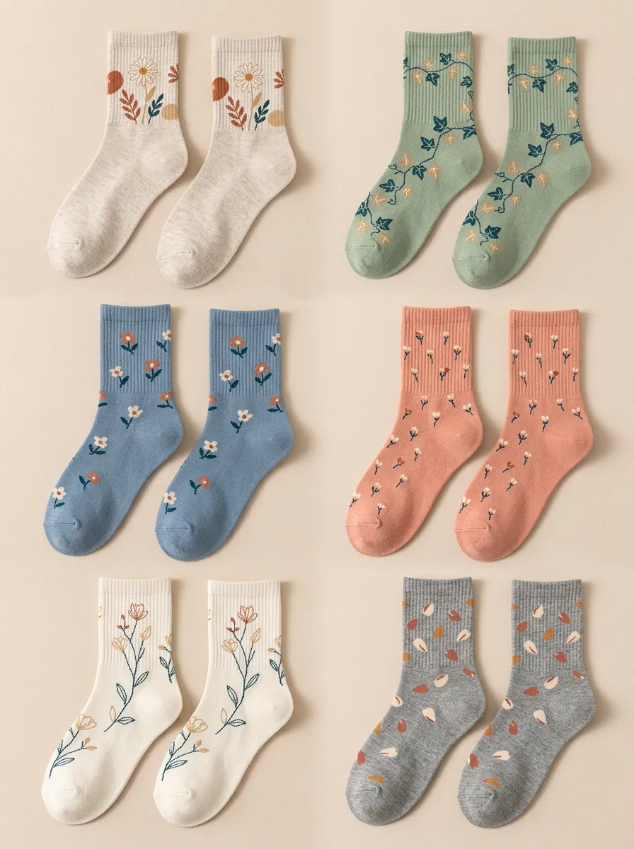Women's Botanical Leaf Ribbed Crew Socks Six Pair Set