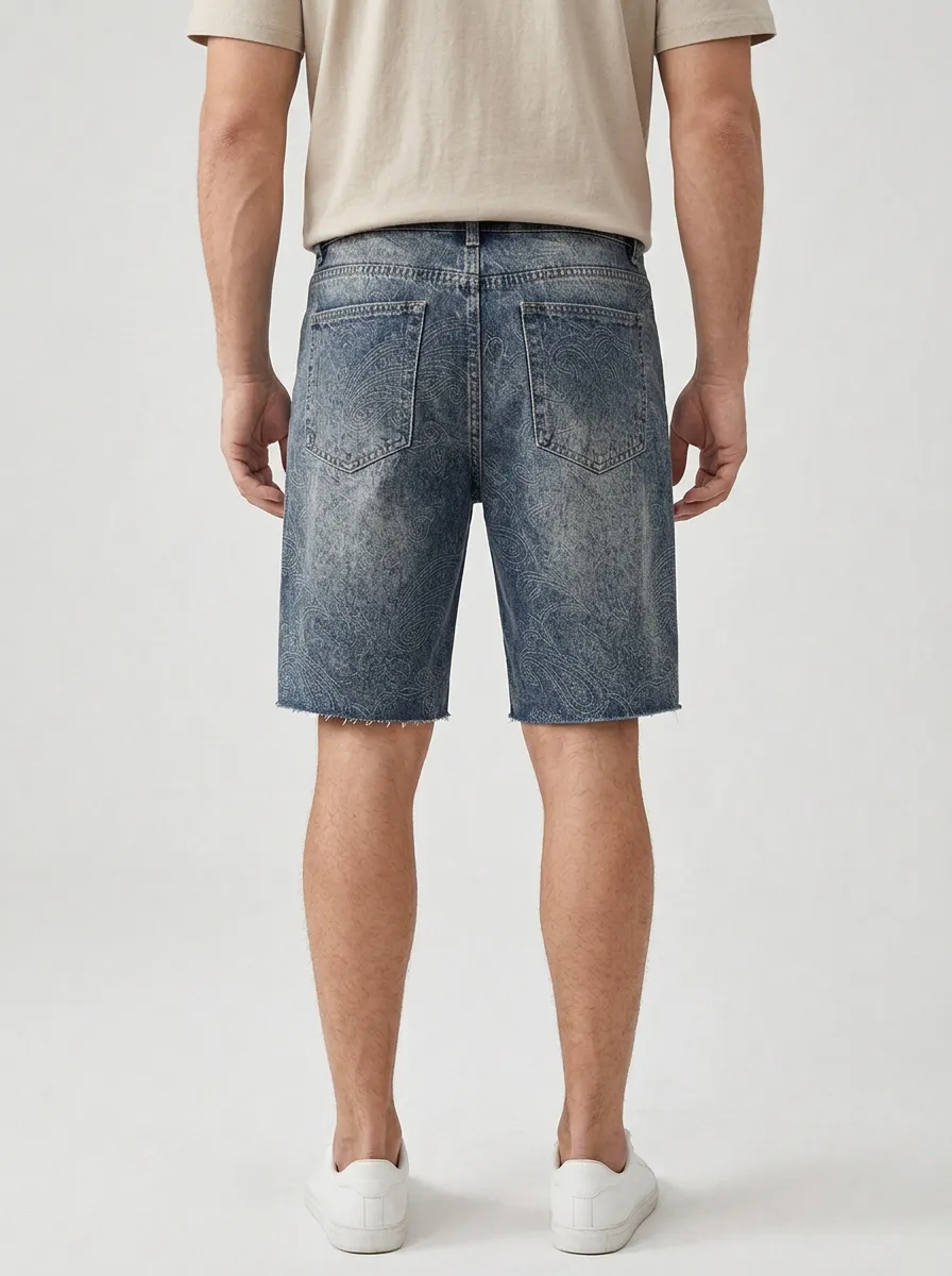 Men's Textured Distressed Raw Hem Distressed Denim Shorts