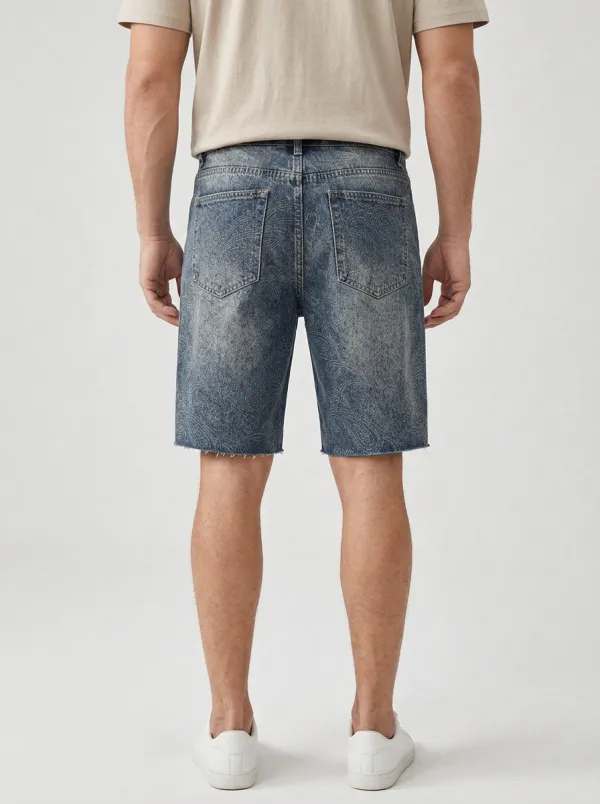 Men's Textured Distressed Raw Hem Distressed Denim Shorts