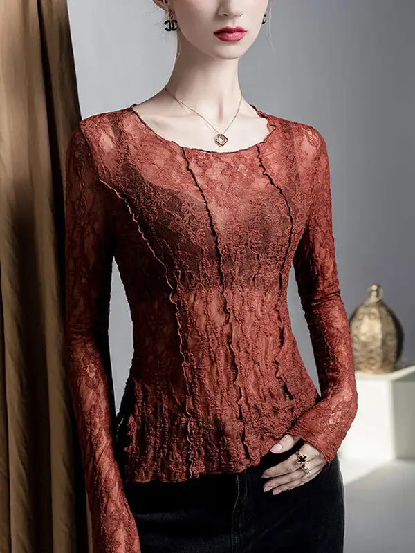 Asymmetric Long Sleeve Sheer Panel Detail Textured Round Neck T-Shirt