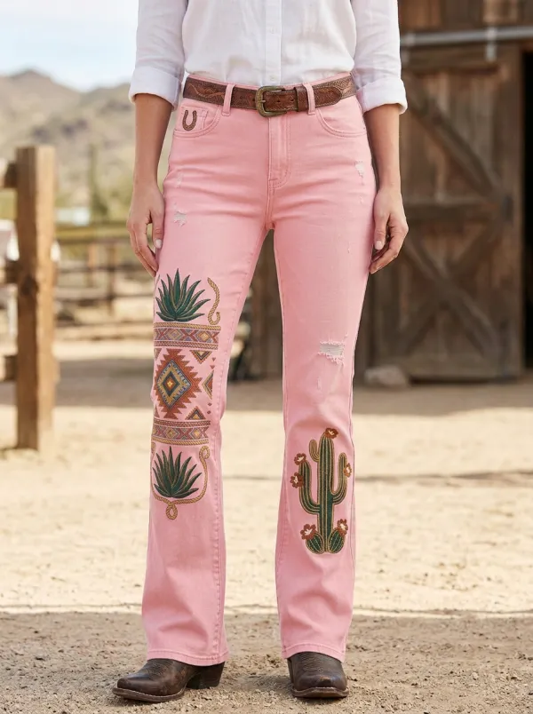 Women's Western Desert Cactus Tribal Pattern Printed Jeans