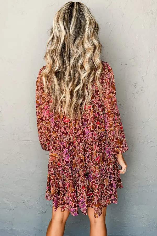 Floral Print Long Sleeve Shirred High Neck Loose Mini Dress
