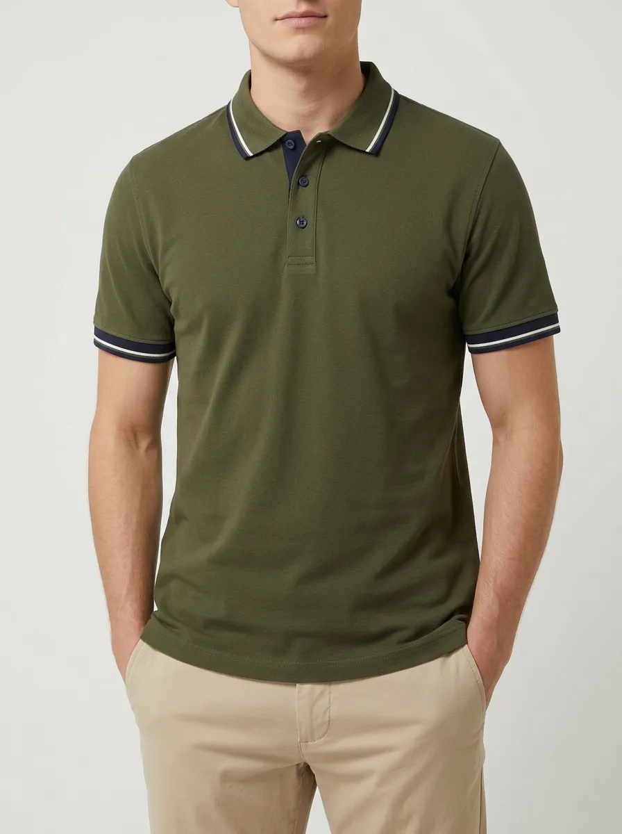 Men's Olive Green Contrast-Trim Tipped Polo Shirt