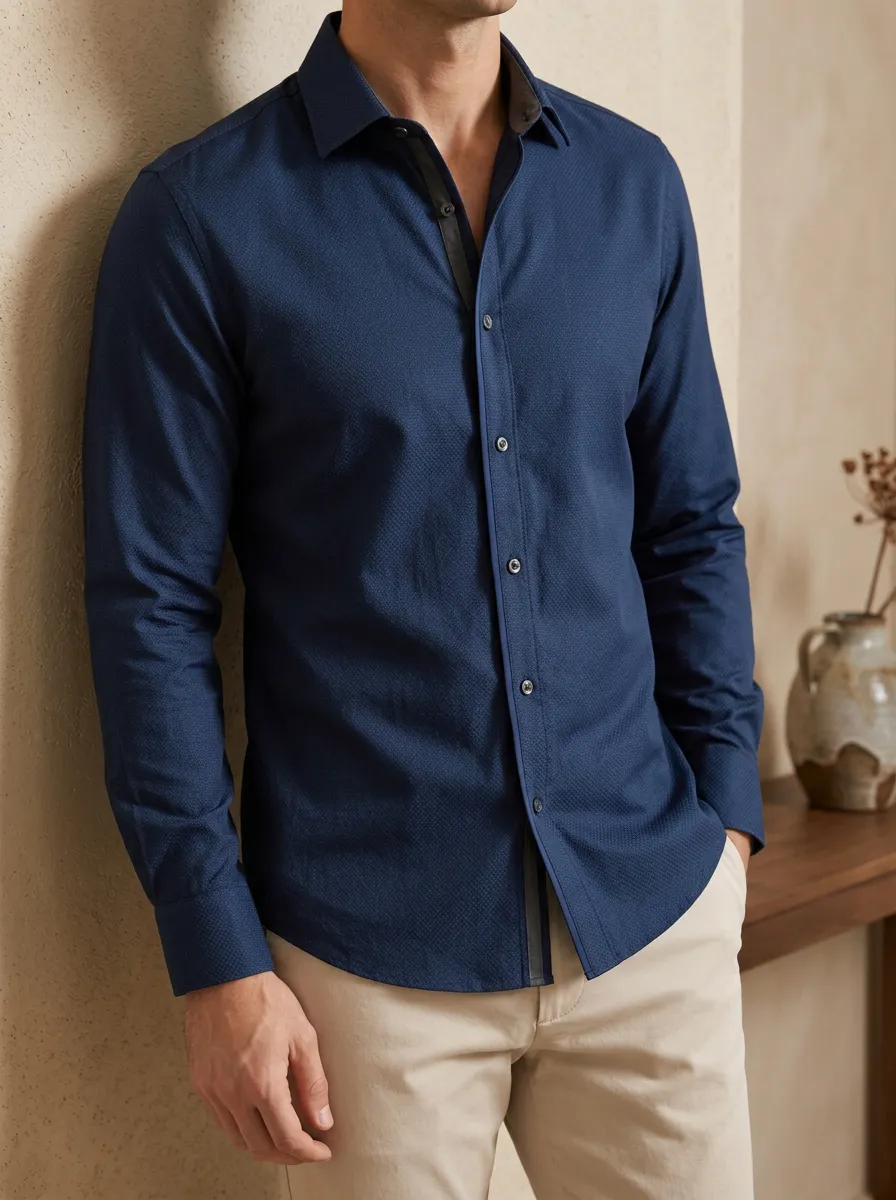 Men's Navy Blue Textured Slim Fit Long Sleeve Button Up Shirt