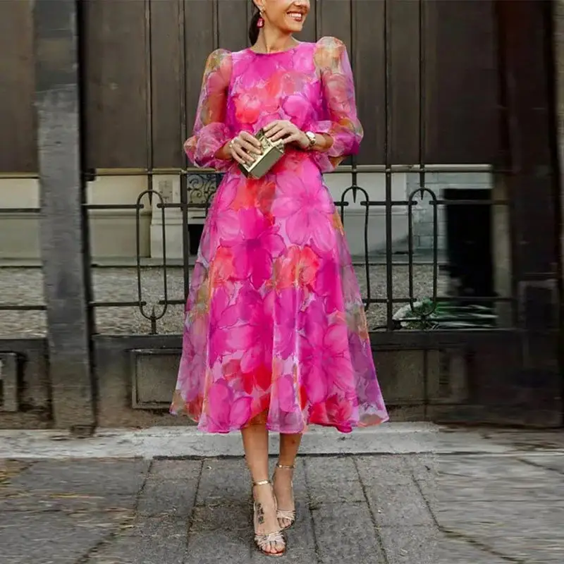 A Line Long Sleeve Floral Midi Dress