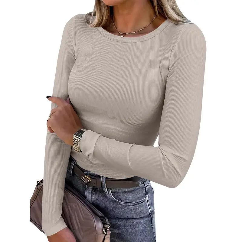 Women's Slim Fit Long Sleeve Crewneck Rib Knit Basic Tee