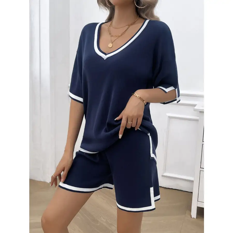 Contrast Trim V Neck Top and Shorts Set