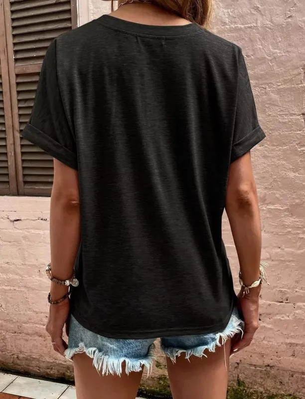 Refined V-Neck Collared Short-Sleeve Button-Detail T-Shirt