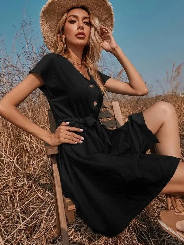Women Solid Drawstring Waist Button Front Dress