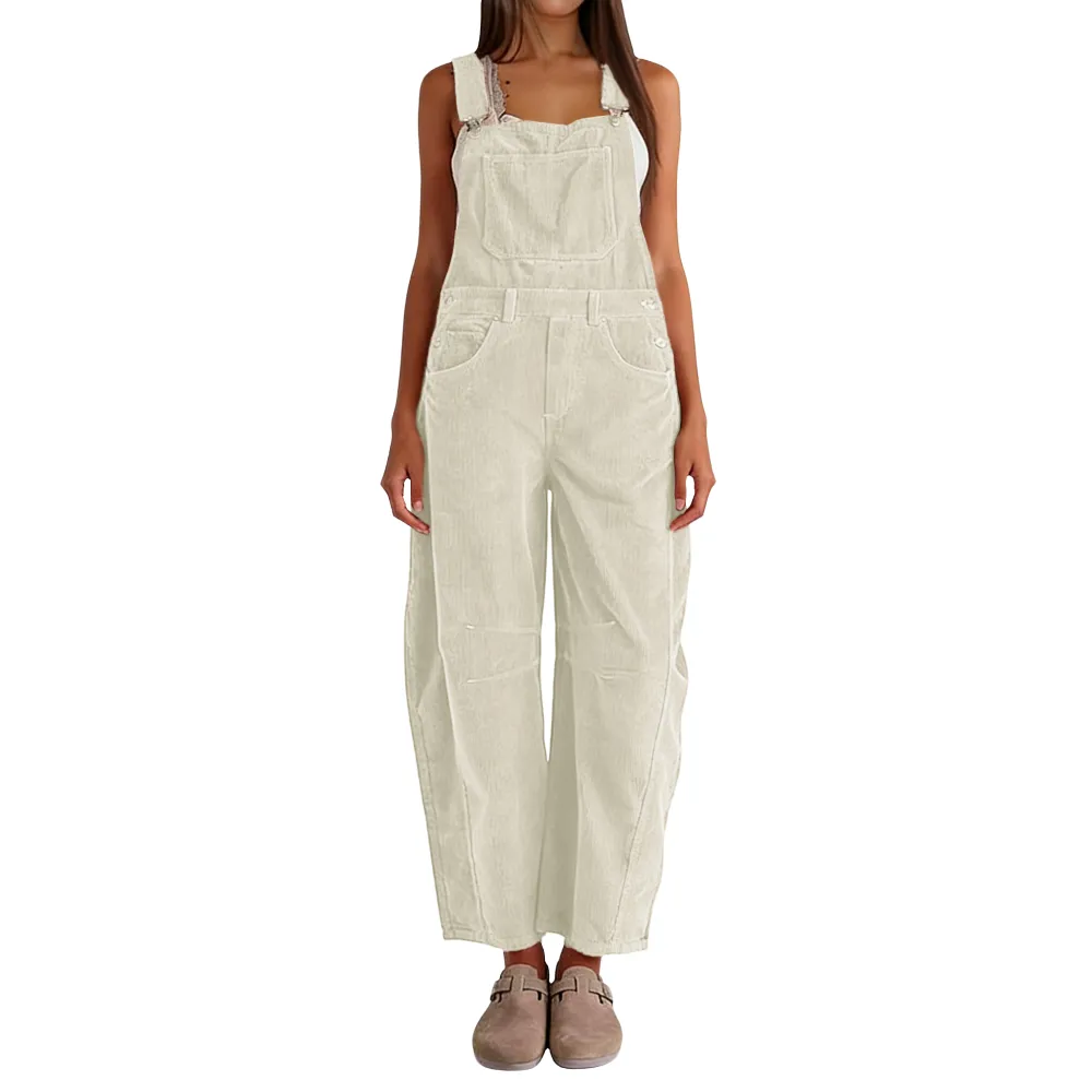 Women Barrel Wide Leg Bib Corduroy Pants