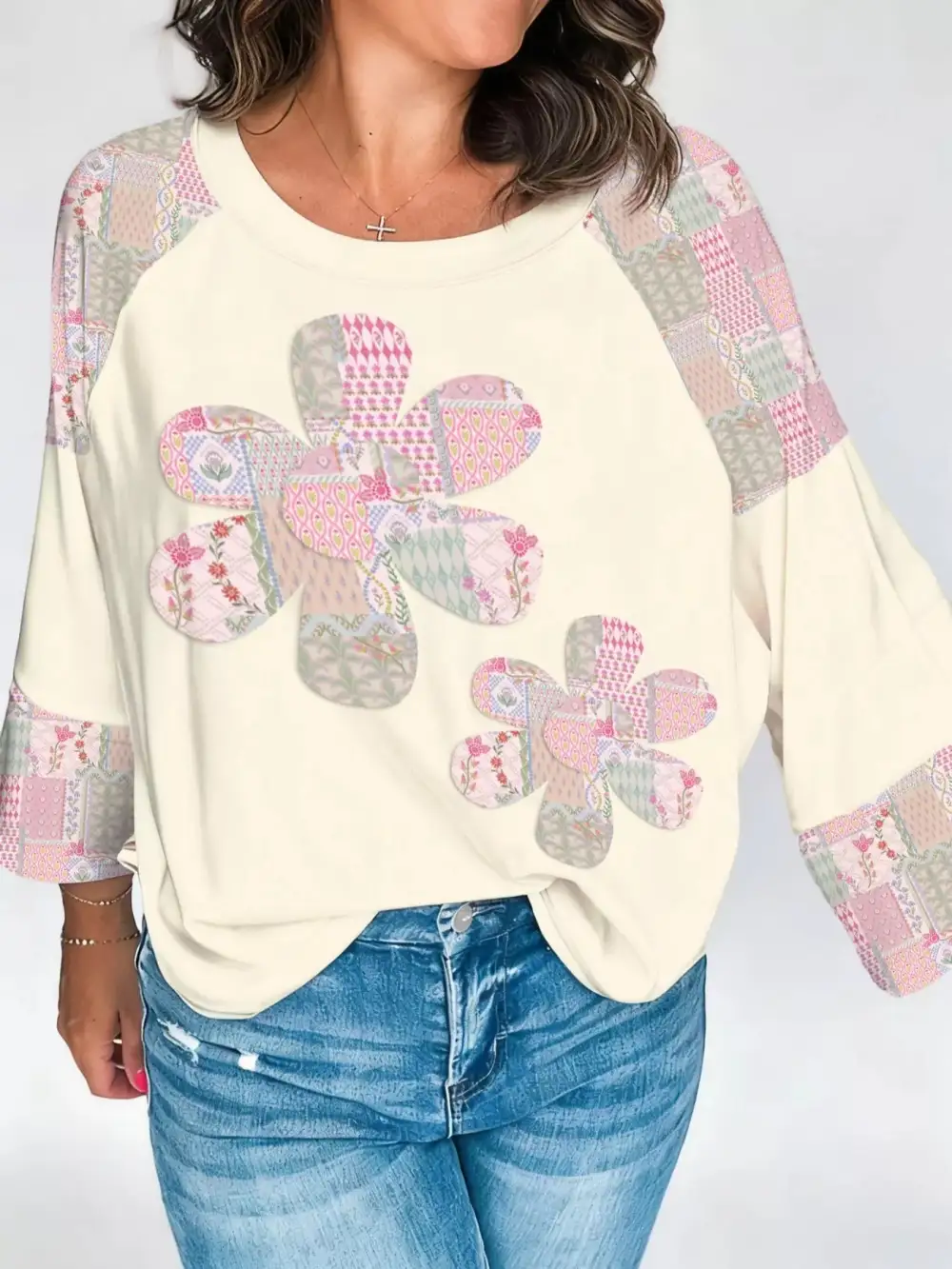 Block Retro Floral Patchwork Long Sleeve Top