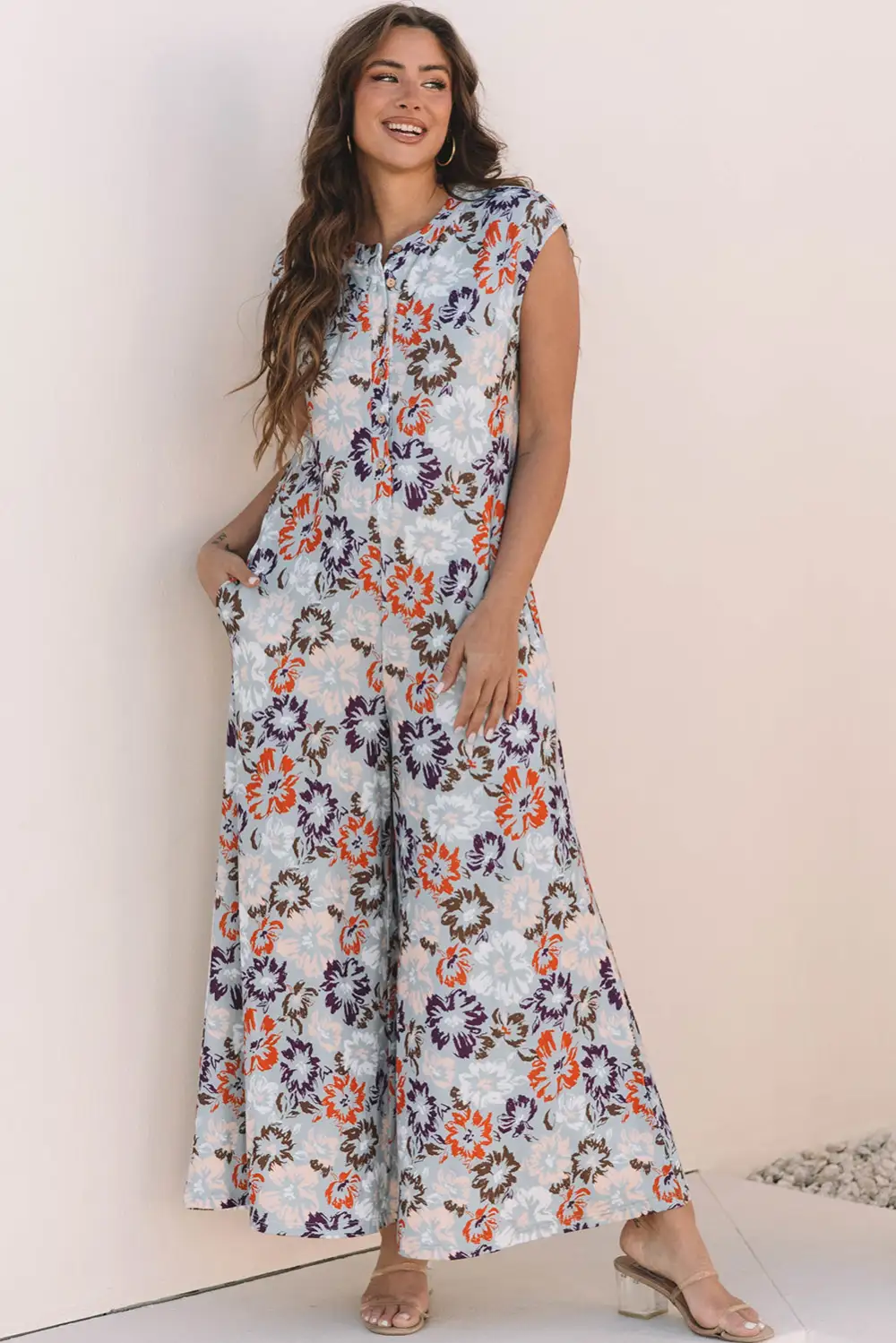 Floral Sleeveless Buttoned Pocketed Wide Leg Jumpsuit