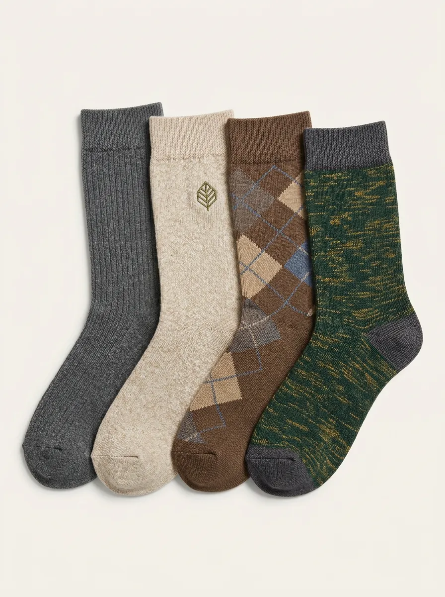 Argyle Leaf Motif Heathered Texture Ribbed Texture Men's Crew Socks Four-Pair Pack