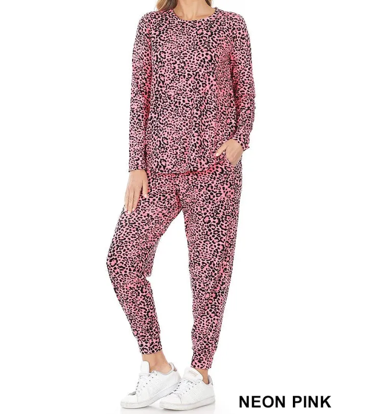 Buttery Soft Leopard Print Top and Jogger Set Neon