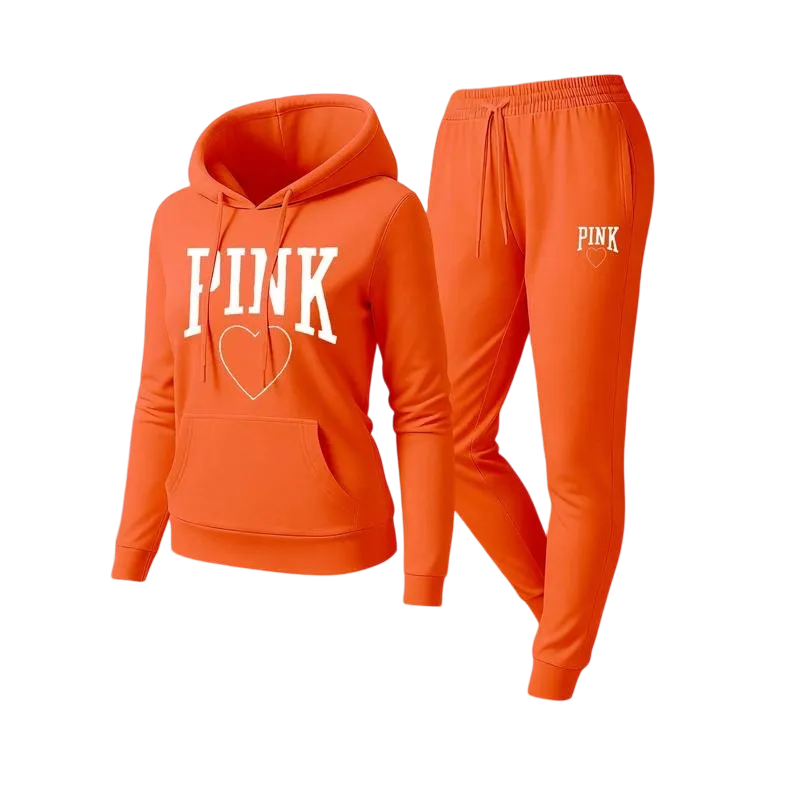 Women's Pink Heart Print Hair And Sunglasses Hoodie And Drawstring Track Pants Set