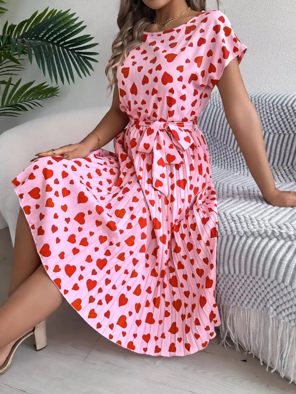 Printed Tie Waist Pleated Midi Dress
