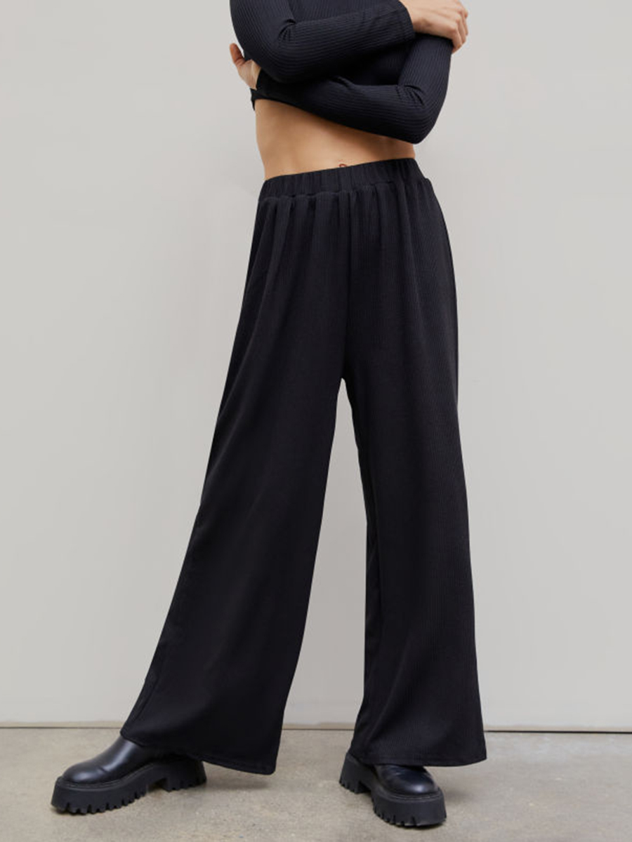 Solid Knitted Crop Top & Wide Leg Trousers Set