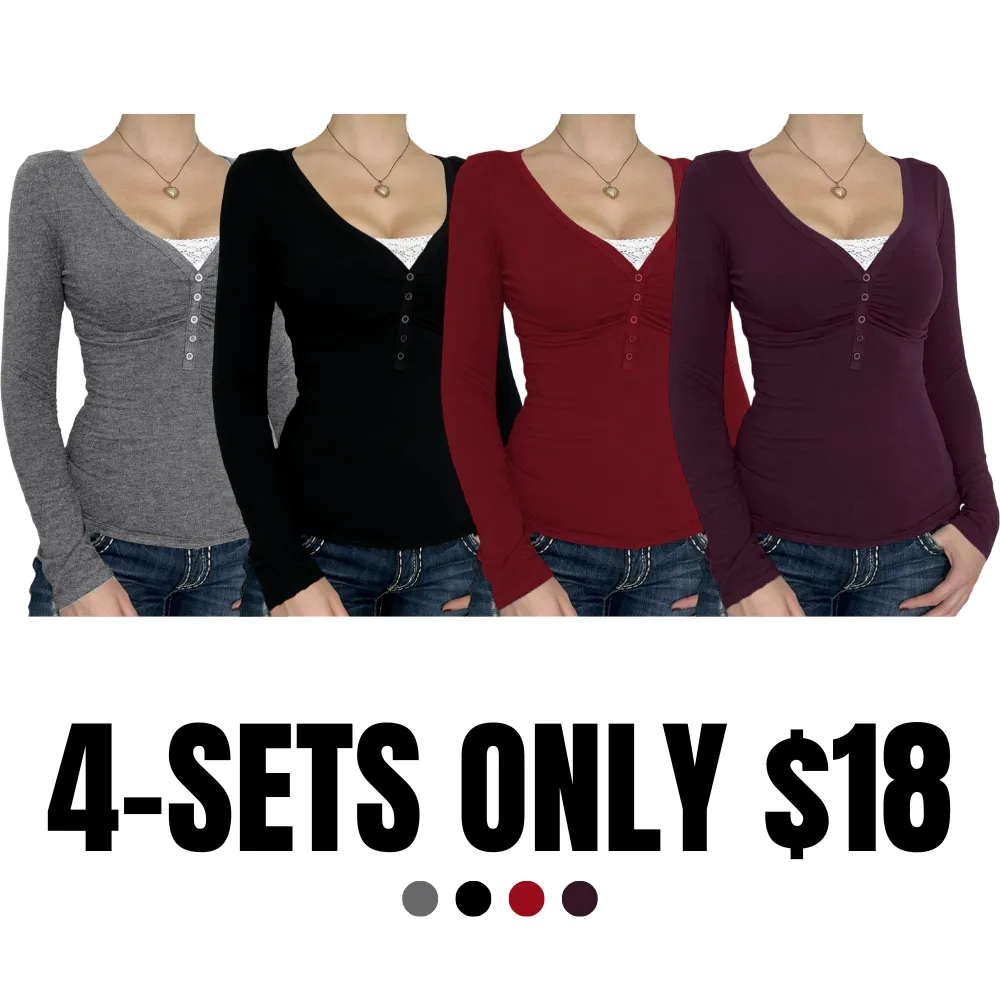 Women's Contrast Lace Button V Neck Tee