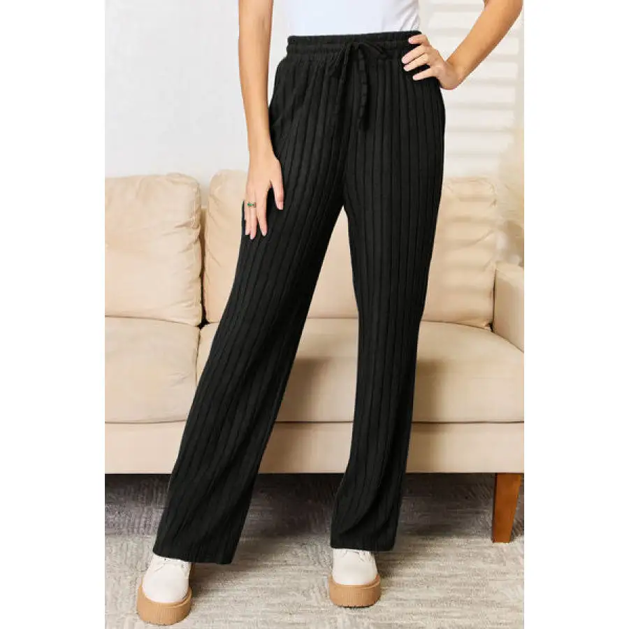 Basic Ribbed Drawstring Hood Top and Straight Pants Set