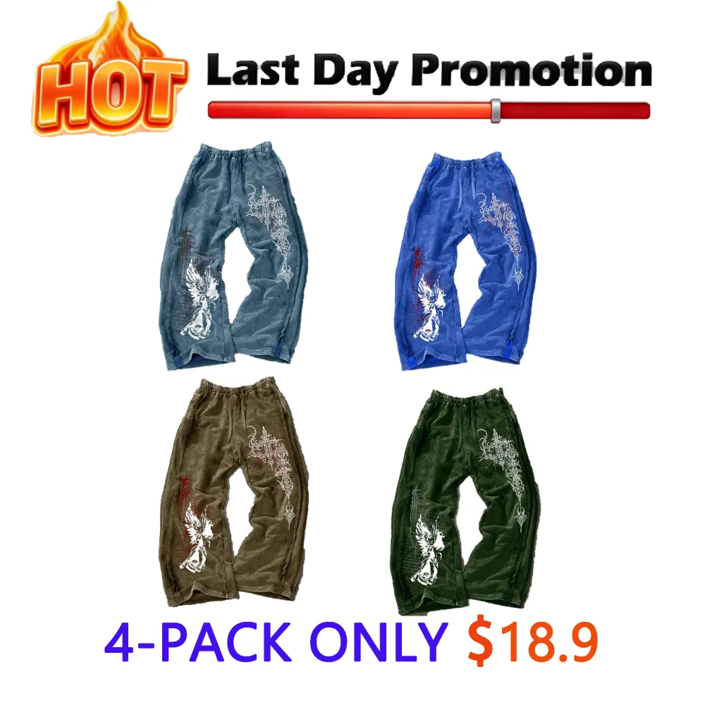 Men's Washed Cotton Sweatpants with Side Stitching, Gothic Pattern, Comfortable Casual Pants for Daily Wear