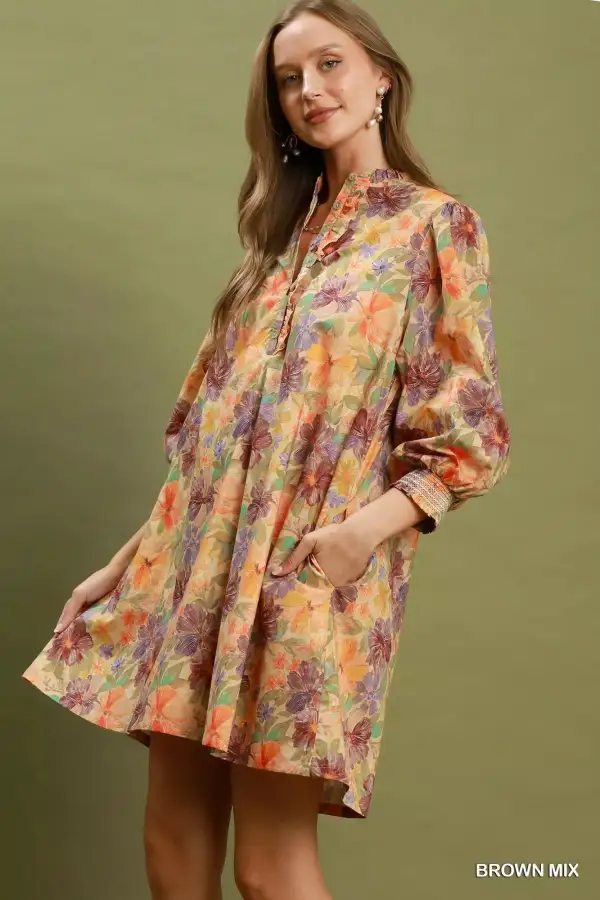 Floral Print Smocked Cuff Mini Dress