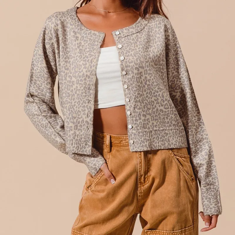 Ribbed Button Front Dropped Shoulder Leopard Print Cardigan