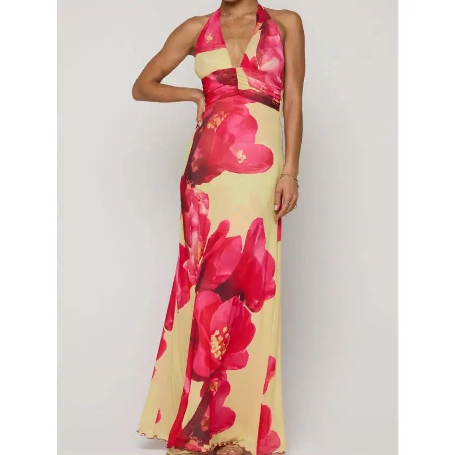 Floral Halter Neck Deep V Maxi Dress