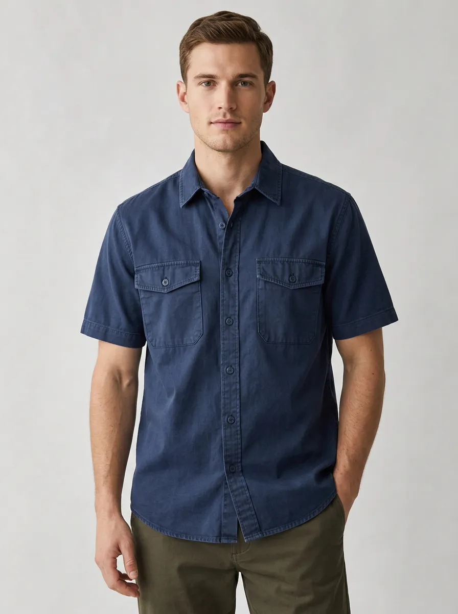 Men's Casual Daily Wear Navy Blue Button-Down Short Sleeve Shirt