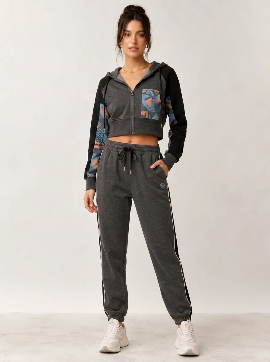 Women's Charcoal Graphic Panel Zip-Up Hoodie and Jogger Set