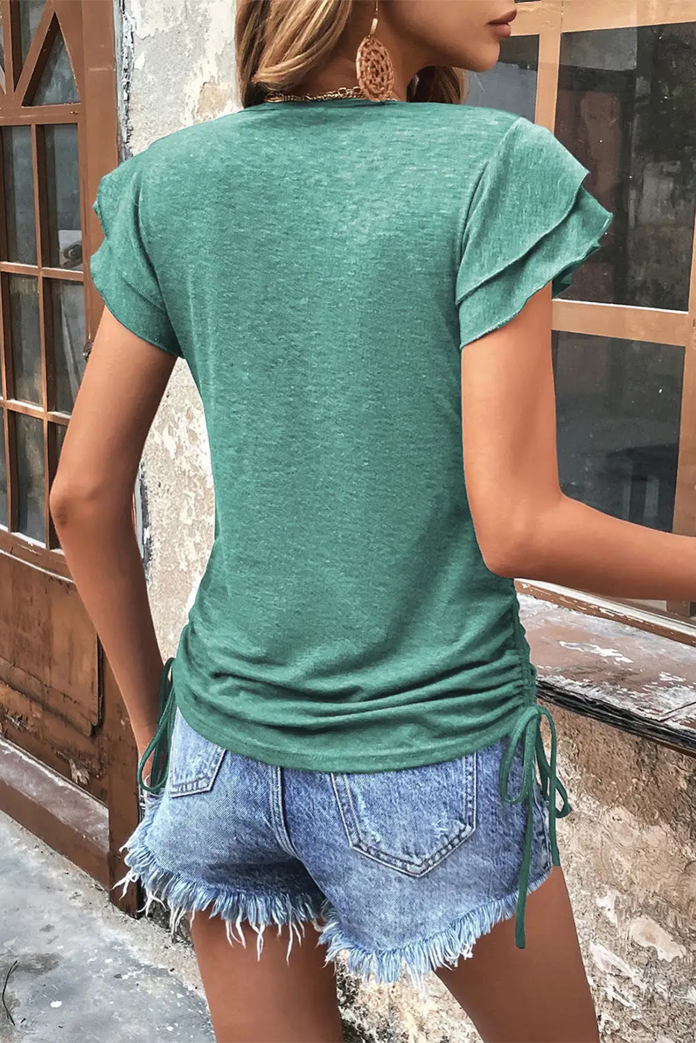 Ruffle Short Sleeves V Neck