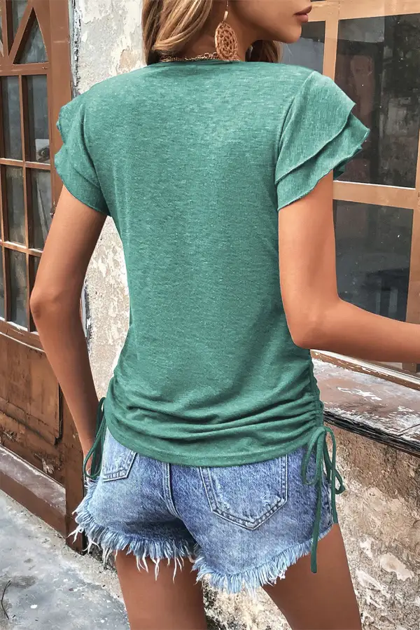 Ruffle Short Sleeves V Neck
