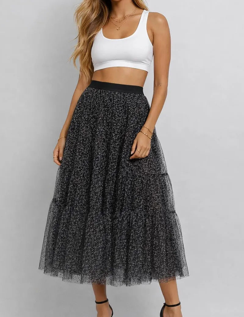 Elastic Waist Mesh Tiered Hem Maxi Skirt