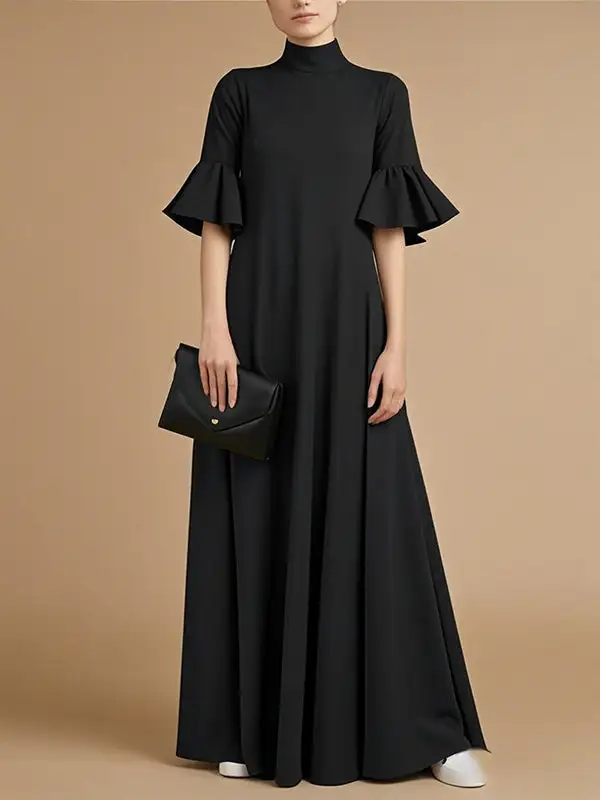 Sleeves Pleated Neck Maxi Dress