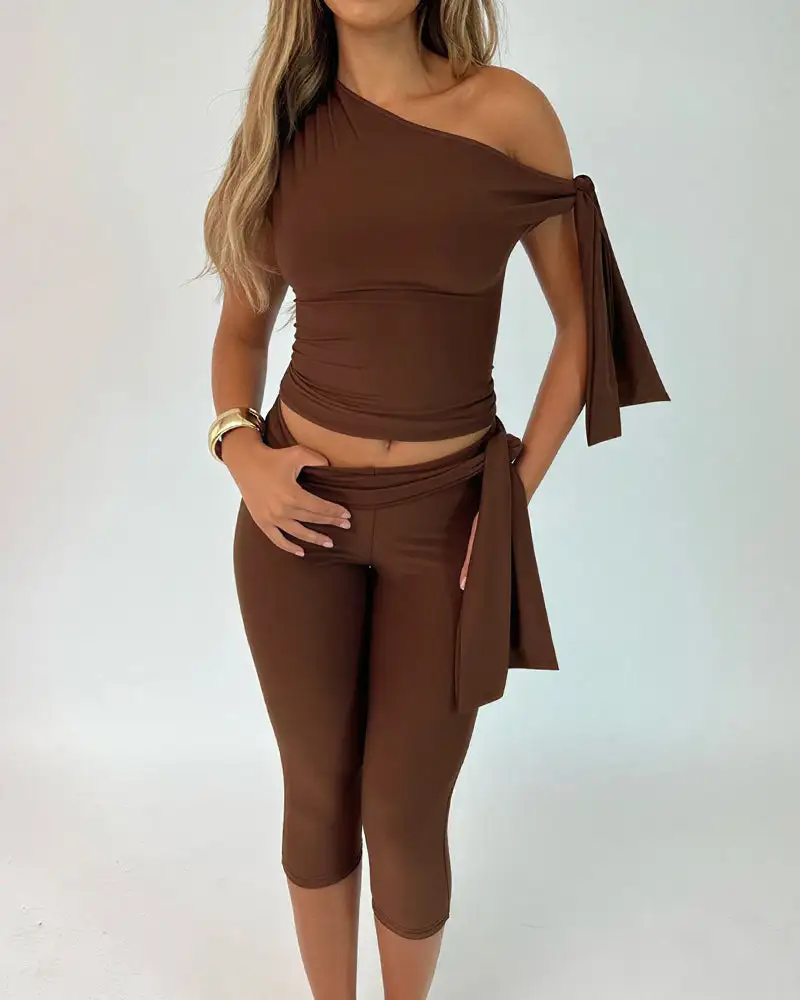 Asymmetrical Drape Top and Capri Leggings Two-Piece Set