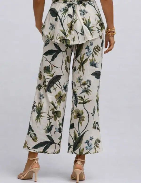 Leaves Elastic Waist Wide Leg Pants