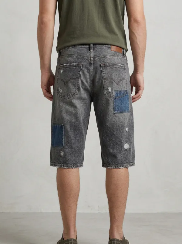 Storage-Ready Patchwork Distressed Fit Men's Distressed Raw Hem Denim Shorts