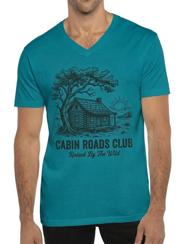Men's Nature Lover Cabin Roads Club Tree Cabin Printed V-neck T-shirt