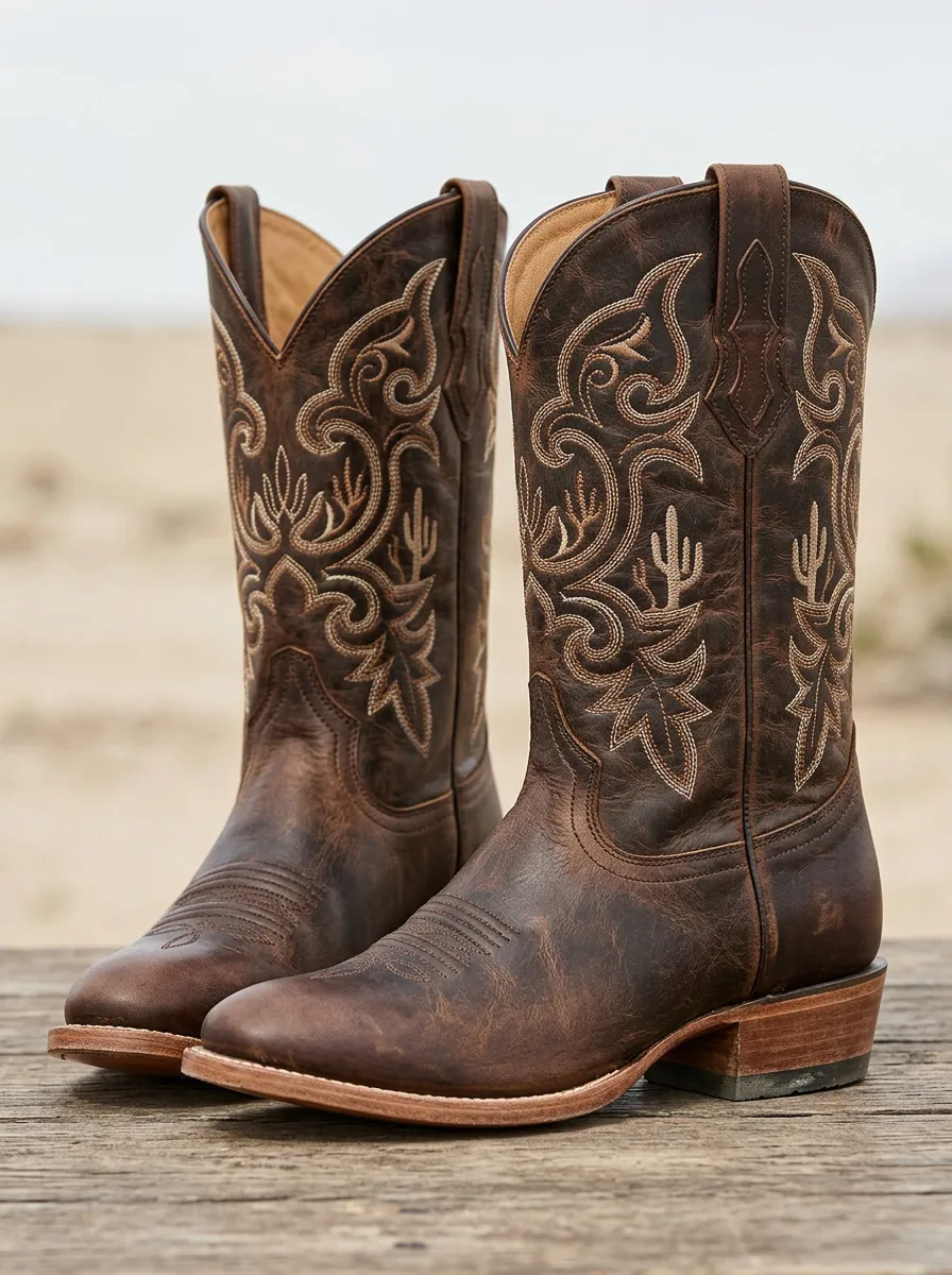 Men's Southwestern Inspired Western Cowboy Embroidered Distressed Cowboy Boots