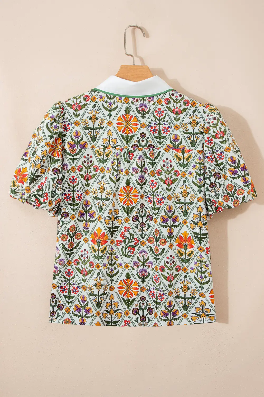 Green Short Bubble Sleeve Floral Shirt