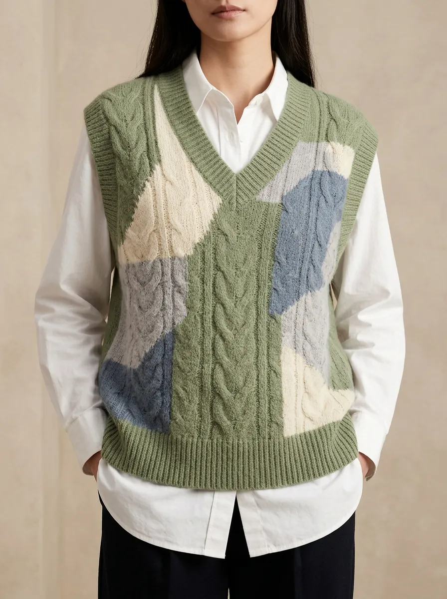 Colorblock Cable Vneck Sweater Vest