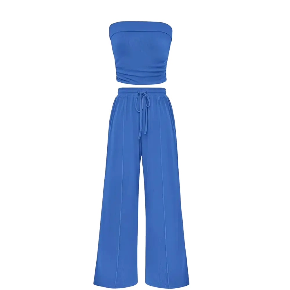 Women's Summer Outfits 2 Piece Sets Casual Ribbed Knit Crop Top & Wide Leg Pants