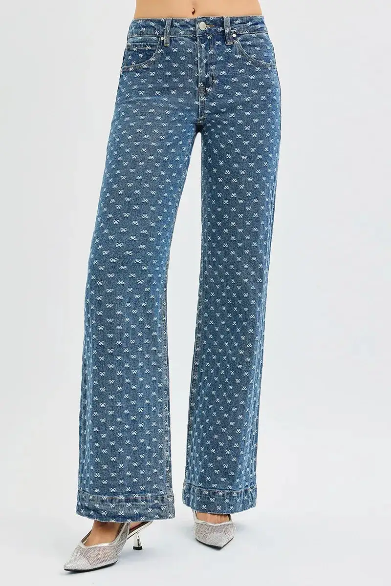 High Rise Bow Detail Embroidered Wide Leg Jeans