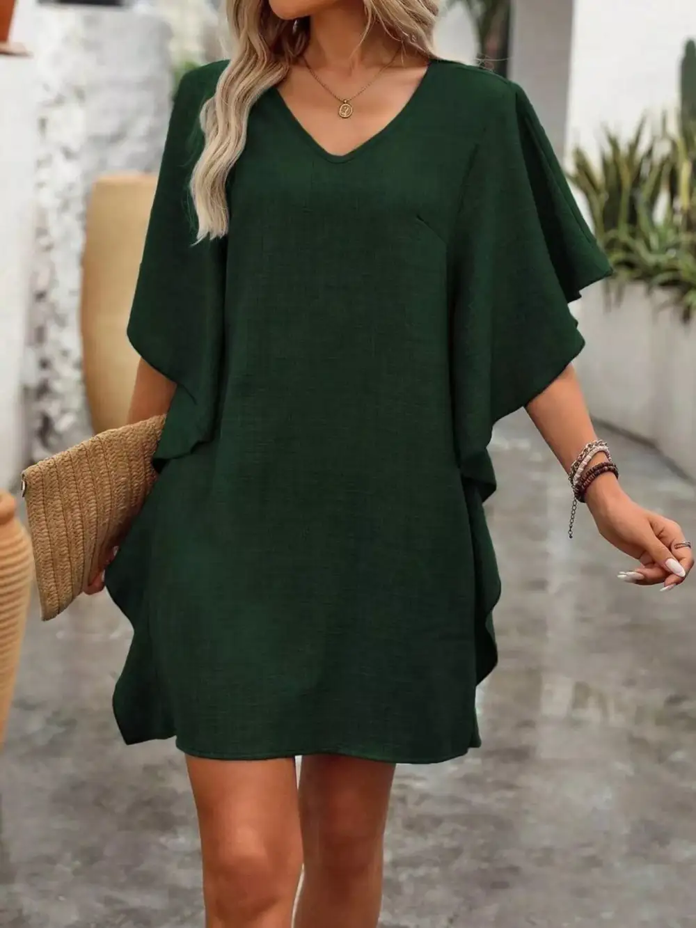 V-Neck Ruffled Mini Dress